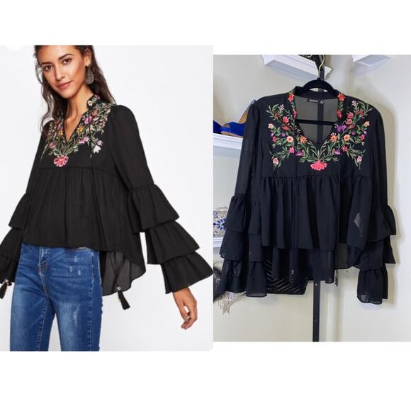 Boohoo Tops - Raised collar blouse with staggered sleeves and embroidery by Boohoo